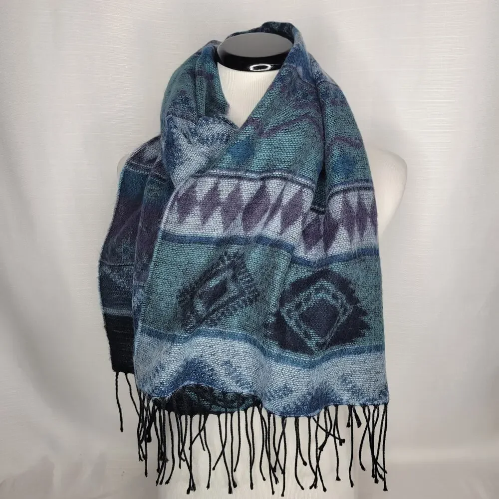 Blue Aztec Print Acrylic Scarf with Fringe, Made in Italy